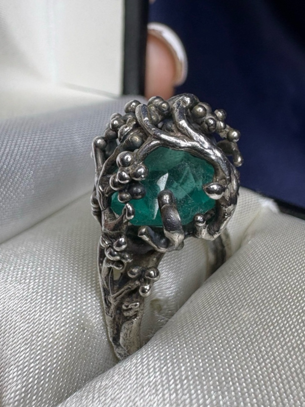 Ring Artisan Sterling Silver Cage Gorgeous Kashmir Emerald Gemstone